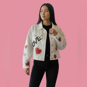 940. Heart “Love” Pearl denim jacket in white red